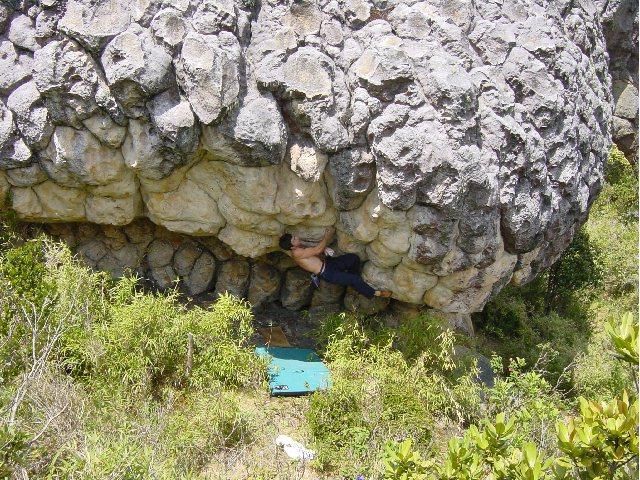 Bouldering: the overhanging roof of the boulder sector