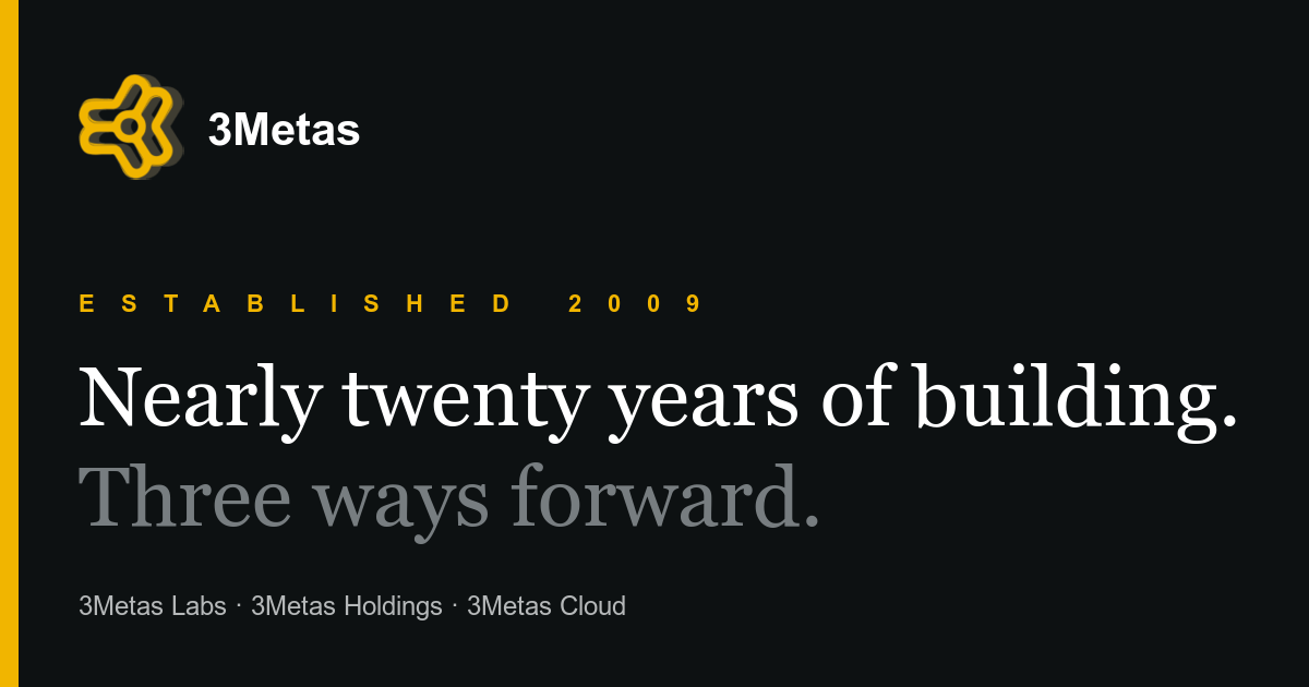 3Metas — Established 2009. Nearly twenty years of building. Three ways forward: 3Metas Labs, 3Metas Holdings, 3Metas Cloud